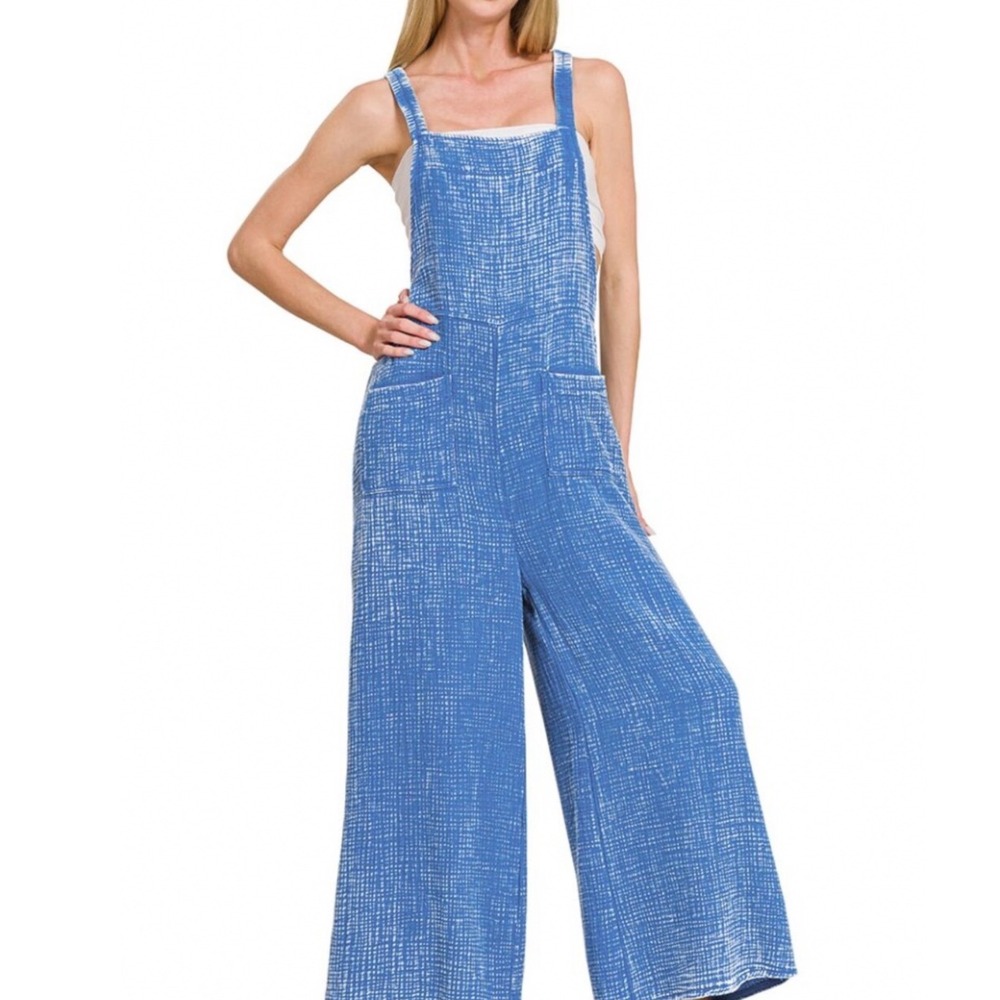 New Zenana Blue Washed Cotton Gauze Wide Leg Overalls Jumpsuit with Pockets Boho